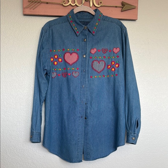 KAREN SCOTT Blue Button Down Shirt with Red Embroidery Medium - Main Image
